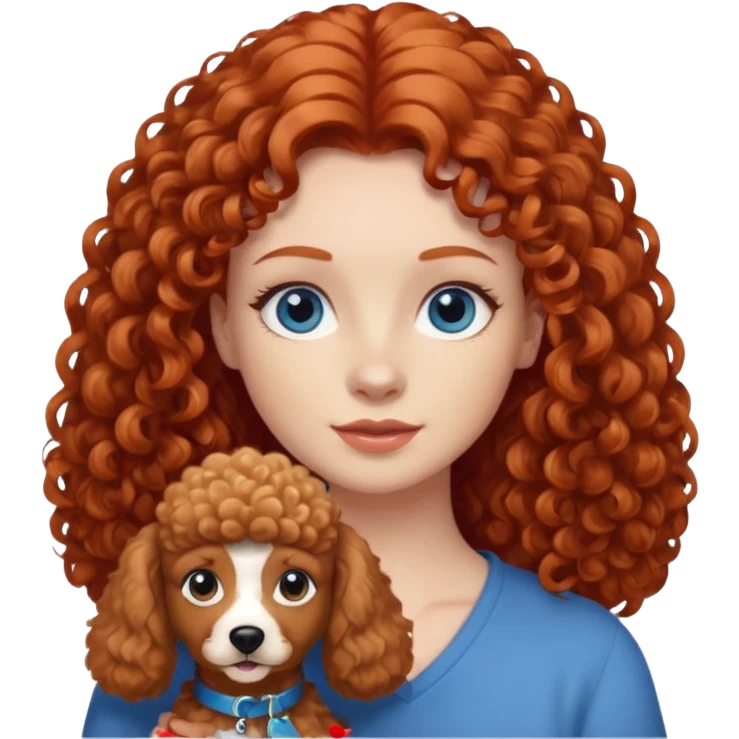 A red head with long hair blue eyes and a light brown poodle dog emoji
