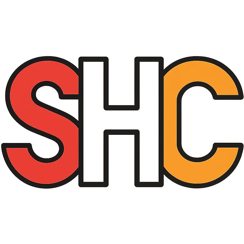 clean modern logo style letters SHC with S in red, H in white, C in orange emoji