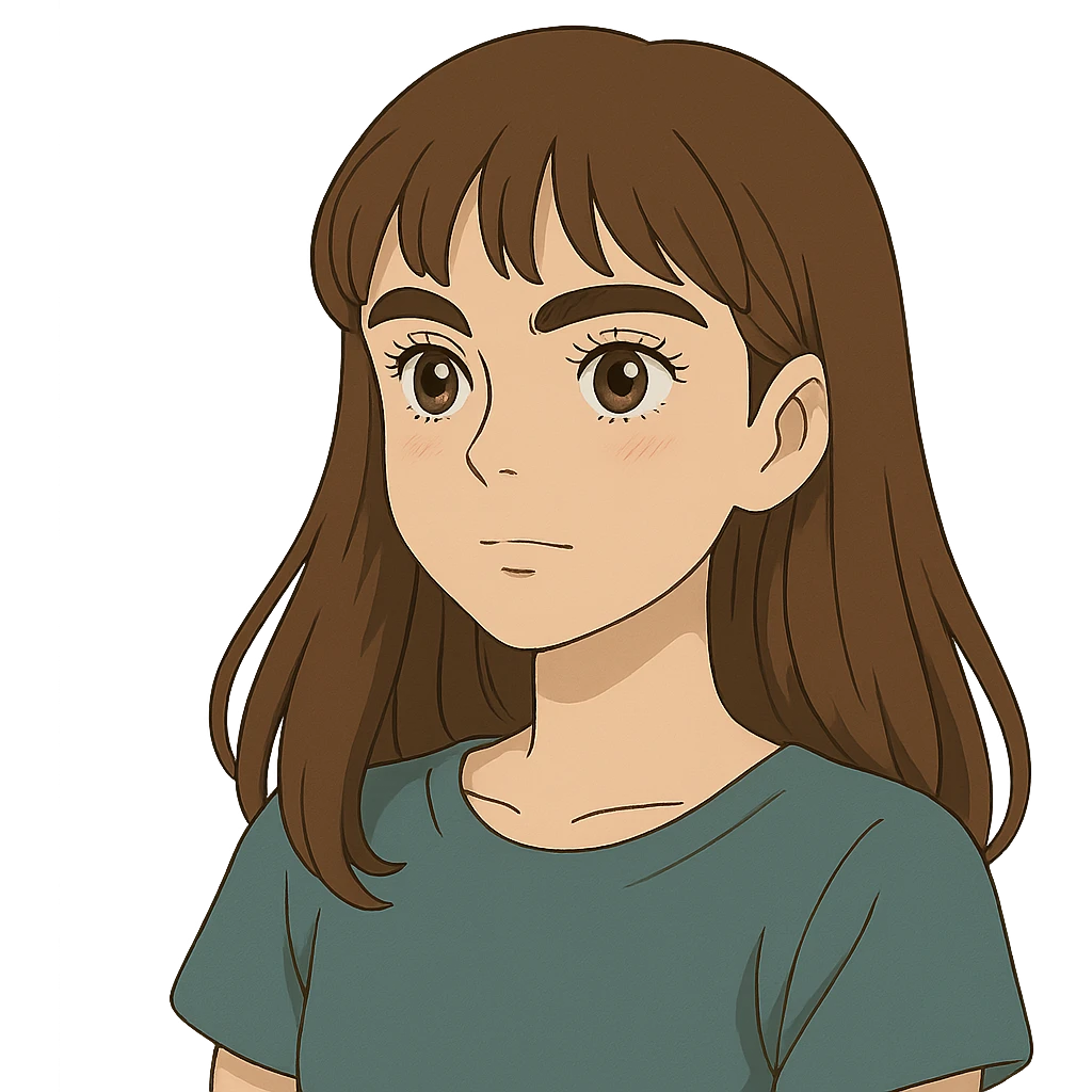 ghibli style pretty girl with thick eyebrows, straight brown hair and brown eyes, curled eyelashes emoji