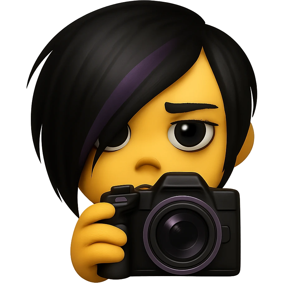 emo emoji, black and purple camera, moody and dramatic, no background emoji