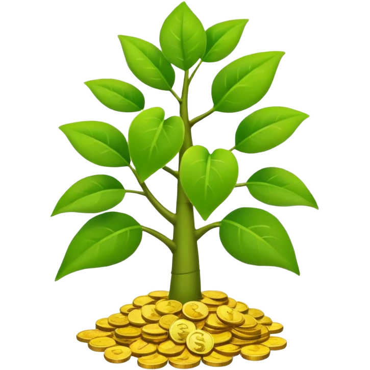 sequence of three: money seedling, money plant, and money tree, visually connected to show stages of compounding and growth, clear modern emoji style emoji