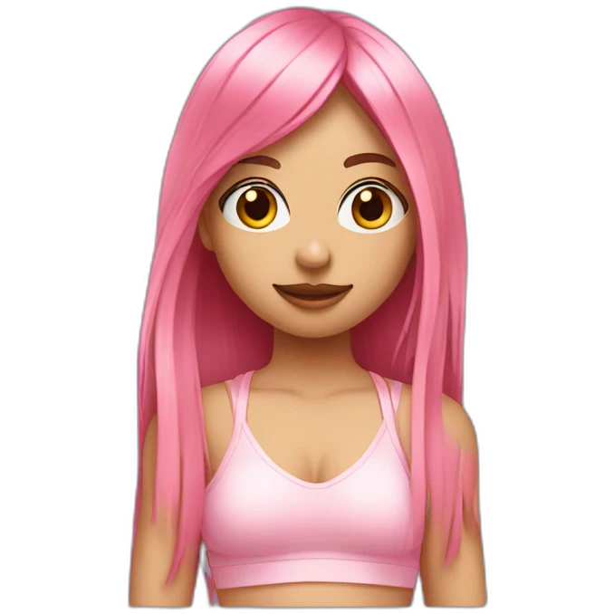 girl with long, straight rose hair and fringe and holding camera and wearing pink bralette emoji