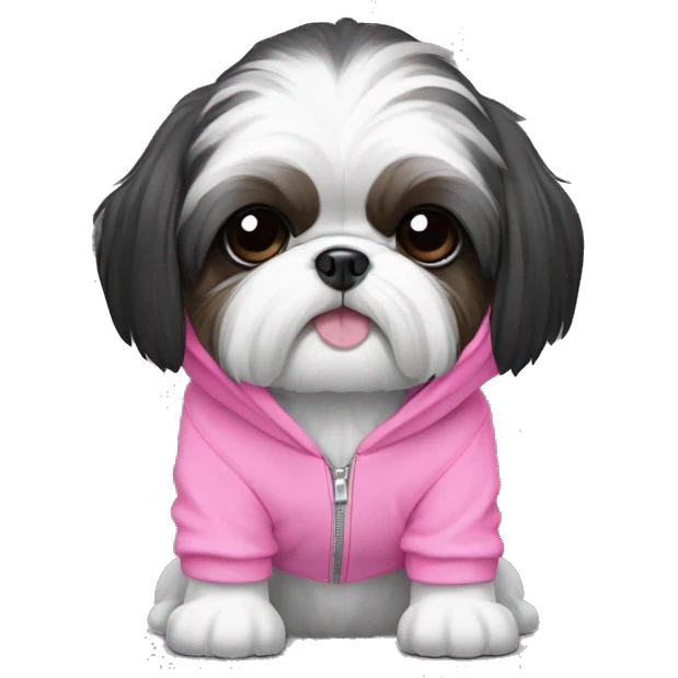 Black and white shih tzu wearing a pink hoodie emoji