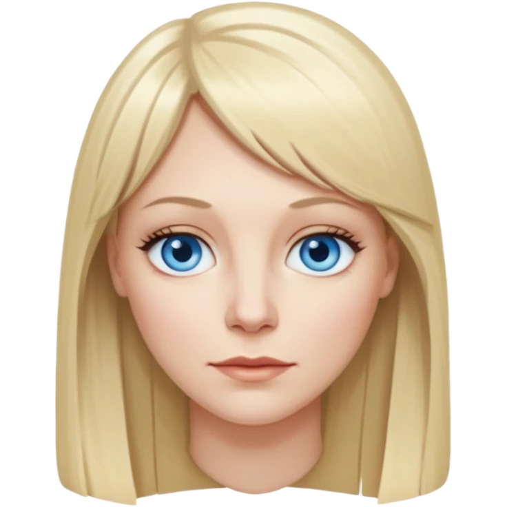 40 yr old white woman, pale skin, long straight blond hair parted in center, blue eyes, bangs emoji
