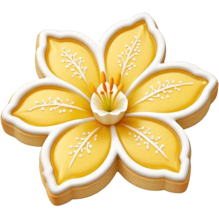 Realistic shortbread cookie in the shape of a lily flower with pastel yellow color jelly middle filling and sprinkled powder sugar on top. emoji