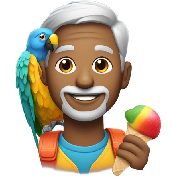 man with gray hair portrait with a colorful parrot on his shoulder eating a popsicle  emoji