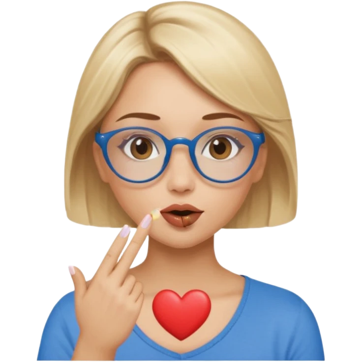 Asthectic Blonde women brown eyes, blue glasses, brown top blowing a kiss with a small heart around her. emoji