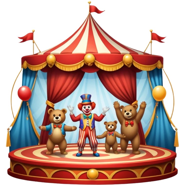 Professional icon for Circus Arts: a dynamic circus stage with acrobats in mid-performance, a clown, and trained performing bears. The icon should convey the skill and excitement of the circus, with precise details on costumes, props, and the arena setting. Transparent background. emoji