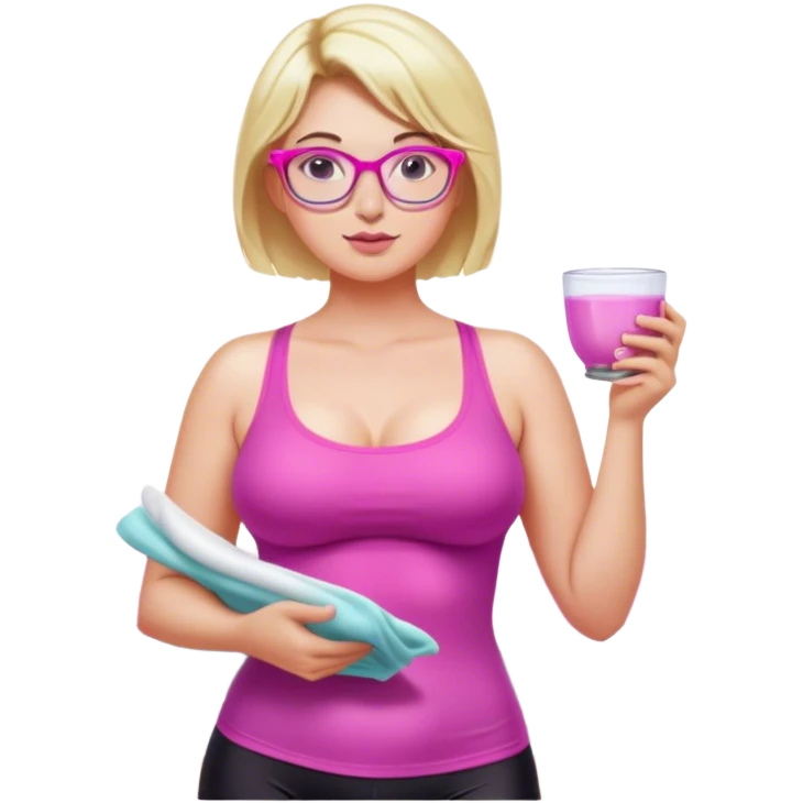 Seductive, Curvy fair and freckled skinned woman, short blond hair, small light purple reading glasses, washing dishes, short flowing sheer hot pink tank top, without undergarments SFW, black yoga pants, thick booty emoji