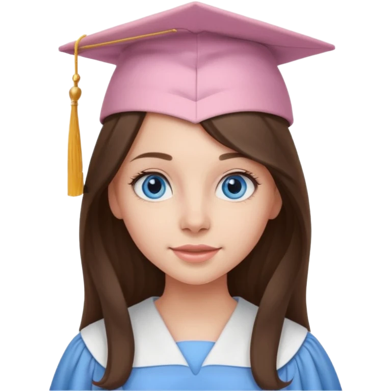 young brunette girl long hair, blue eyes and light pink gown and cap university graduate emoji