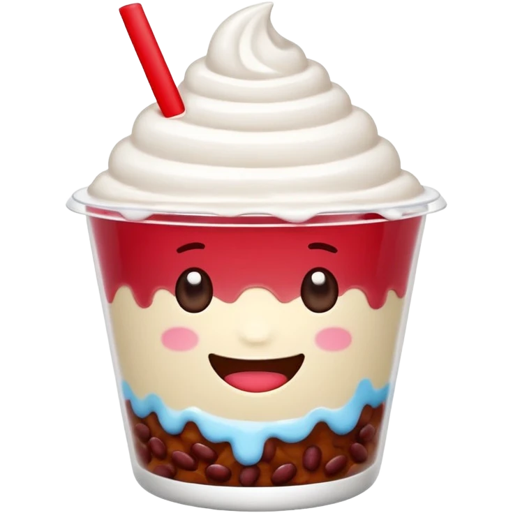 cute shaved ice emoji character in a clear cup, topped with red beans and milk drizzle, round eyes, big smile, minimal, expressive, LINE emoji style emoji
