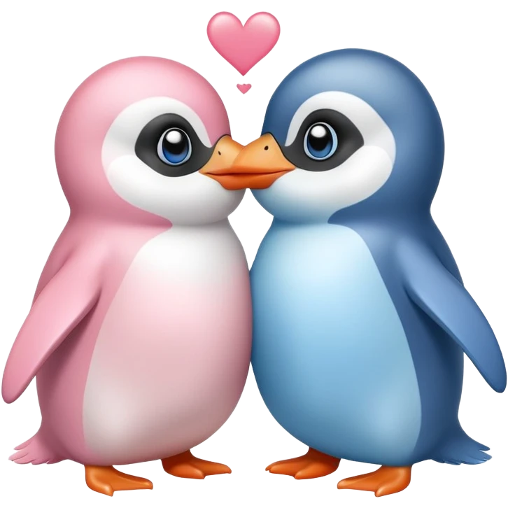 una pinguinita bebé rosita con un pinguinito bebé azulito amandose mucho dándose un besito  emoji