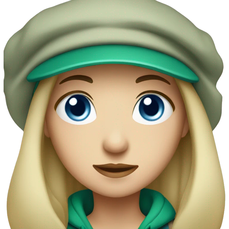 girl with dark hair and blue eyes in a green cap emoji