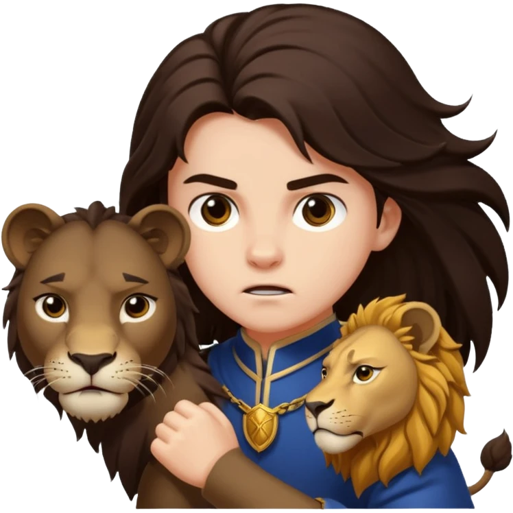 I want a royal child with dark brown long hair, fighting against a lion emoji