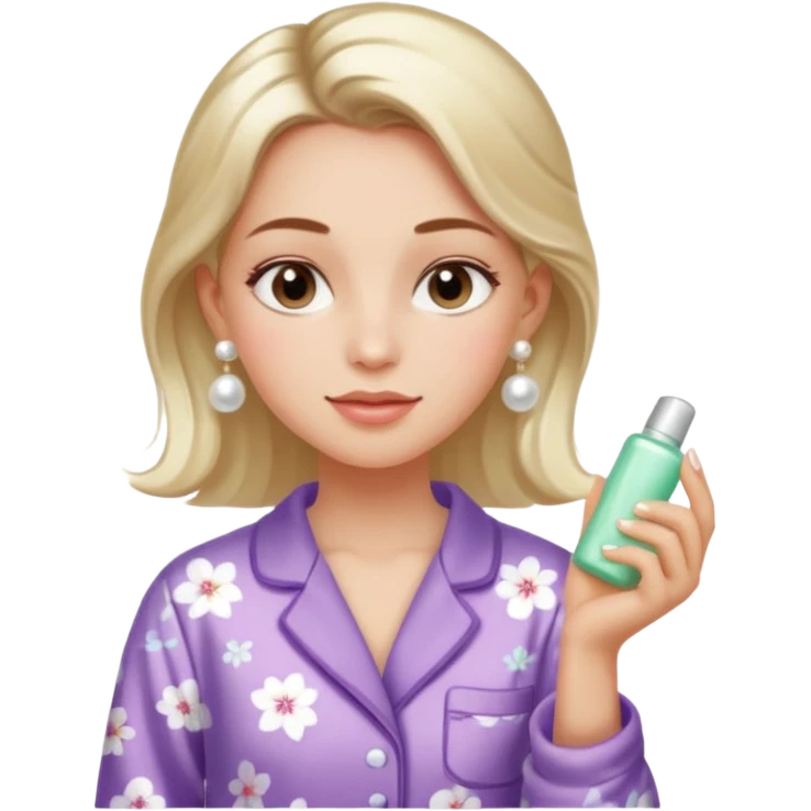 Clean girl aesthetic emoticons, apply skincare products, pearl earrings, glowing skin, pajamas, soft lighting emoji