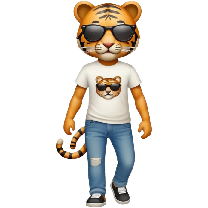 anthropomorphised tiger in a band t-shirt and jeans wearing sunglasses walking upright emoji