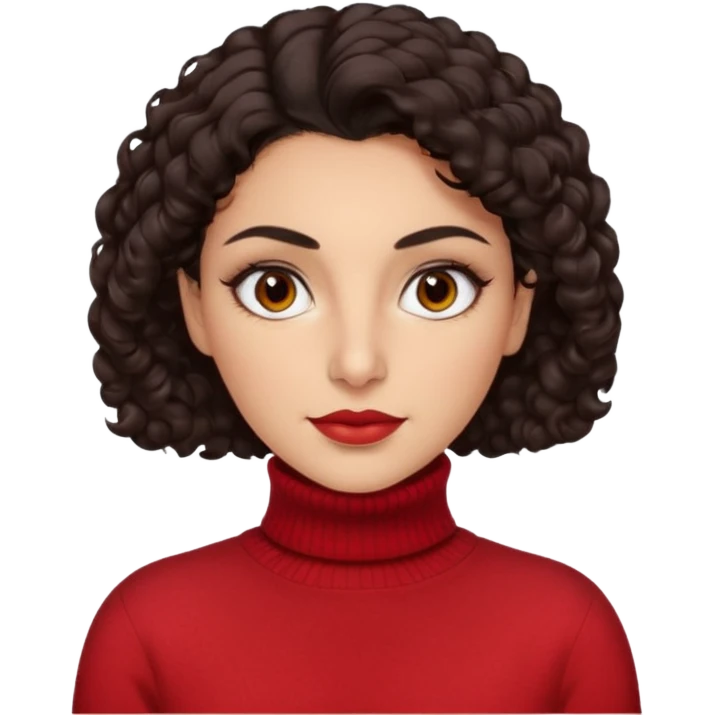 30 yr iranian woman dark brown hair curly wavy short hair, red turtle neck sweater, very thick eyebrows, light skin, dark brown eyes emoji