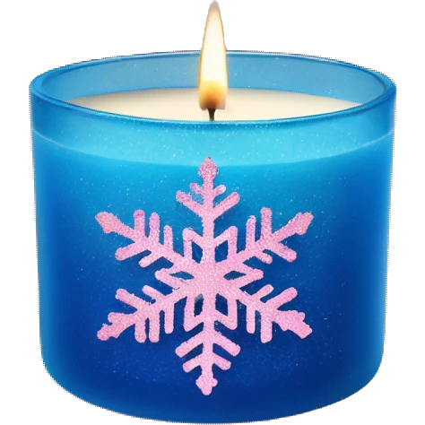 Realistic blue glass 3 wick candle with wicks lit and a light pink glitter snowflake as the label on outside of candle emoji