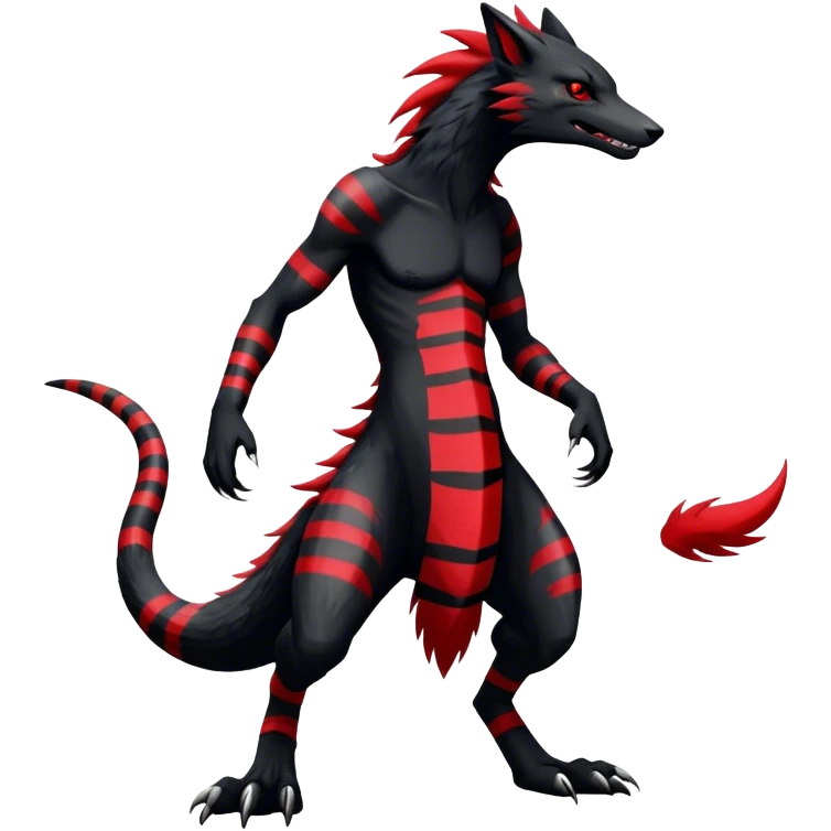 Cool Edgy Vernid-Sergal, Feral, Four Legs, Tail, Black fur, Red stripes, Full body, LiLaiRa emoji