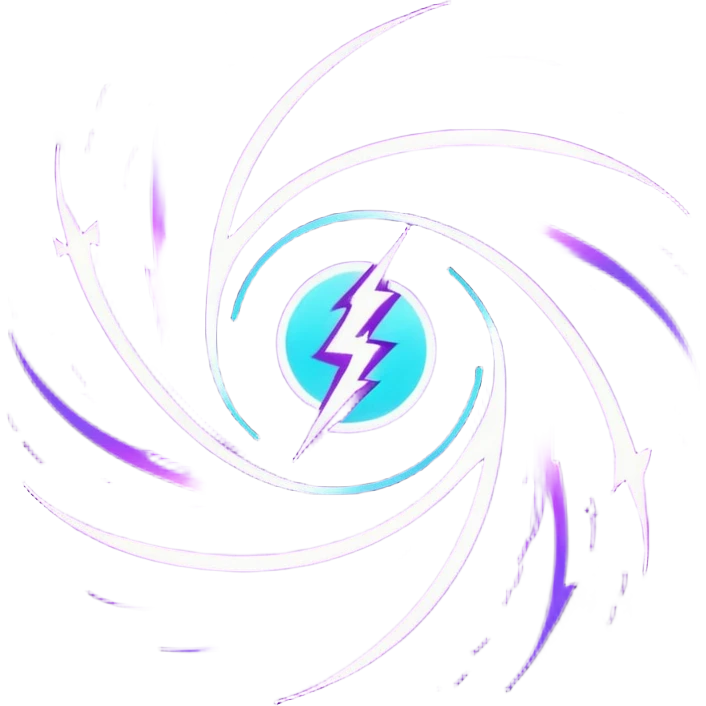 futuristic minimalistic logo icon, abstract glowing storm swirl made of neon purple (#8B5CF6) and cyan (#00E0FF) lines, representing Storm team energy and speed, digital lightning core, dark background, no face, tech-style emblem, 1:1 aspect ratio emoji
