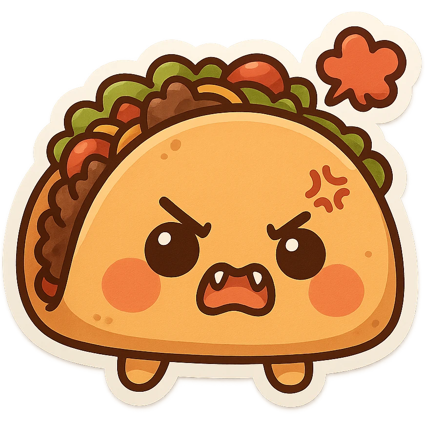 cute angry taco with puffed cheeks, tiny fangs, playful angry expression, simple background emoji