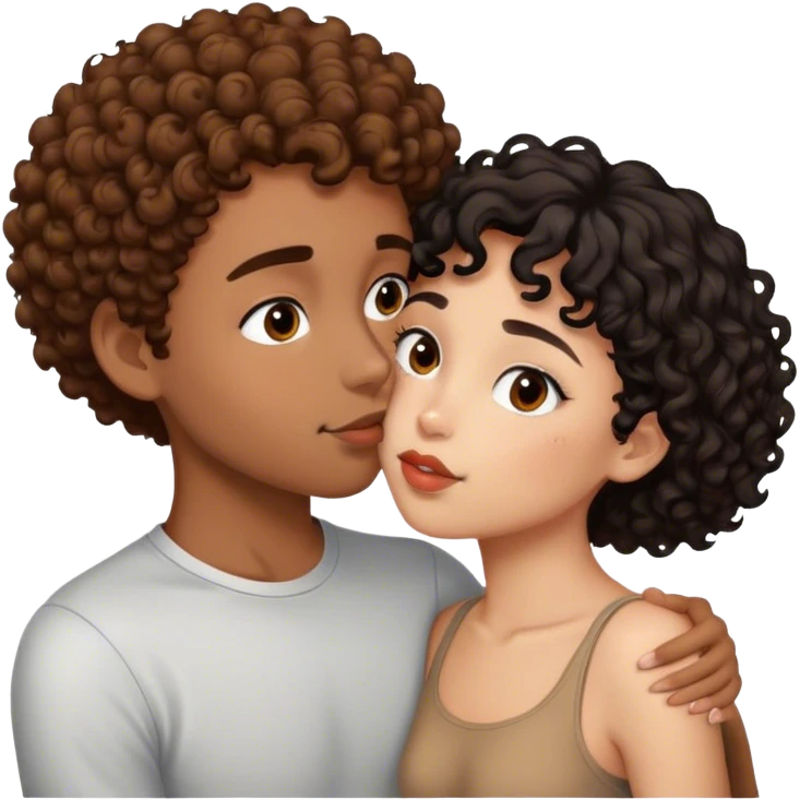Light skinned girl with brown curly hair kissing brown skinned boy with black short hair  emoji