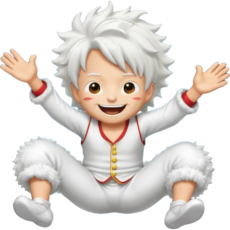 Create a joyful cartoon-style emoji of Luffy as a laughing character with wild, fluffy white hair and a glowing white outfit. The character should have a big open smile, one hand on its face in laughter, and be in a dynamic mid-air pose with bent legs, as if carefree and floating. emoji