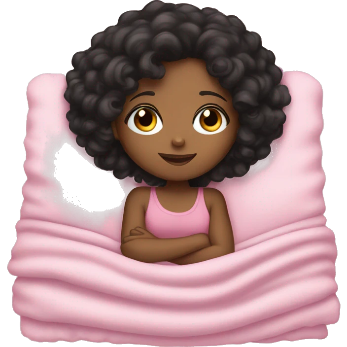 brown girl, black curly hair, sleeping with a pink blanket, emoji