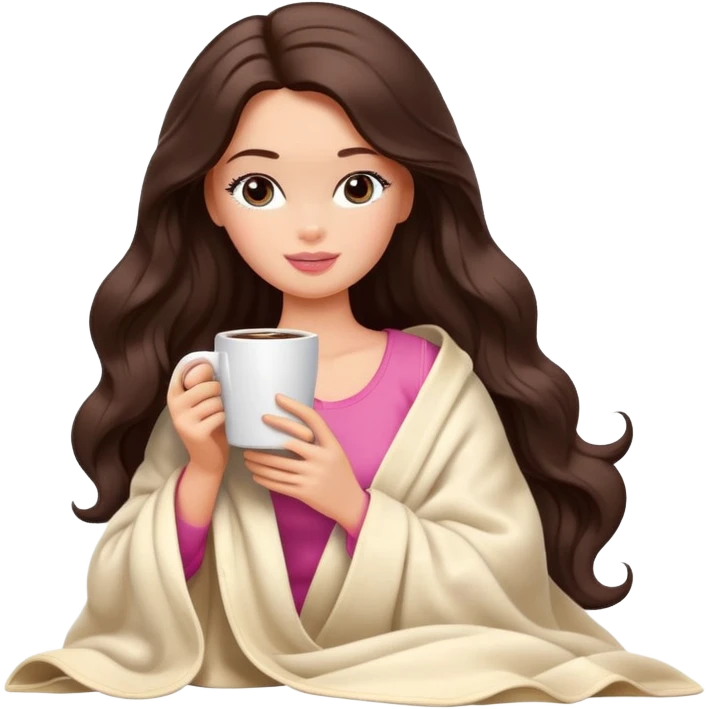 Barbie girl with a long wavy dark brown hair inside a cream blanket sipping coffee eyes closed emoji