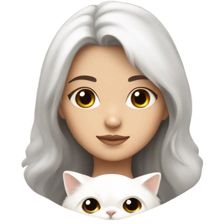 Brunette girl with a mole on her right cheek snuggling white Persian cat emoji