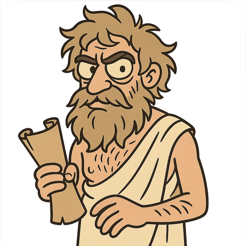 Diogenes with a scroll, looking wise and unkempt, cartoon style emoji