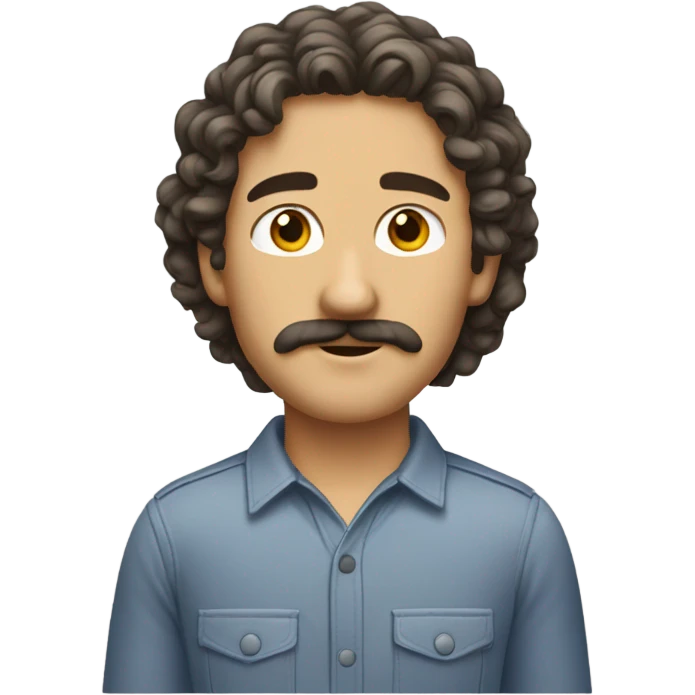 Regular caucasian guy emoji with a black mustache and shoulder length curly hair. emoji