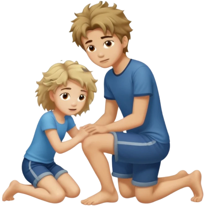 barefooted boy with messy hair putting his foot on a kneeling girl emoji