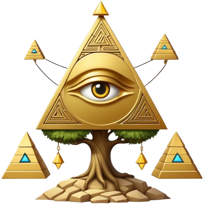 Annunaki tree from Garden of eden, that is actually a ancient tech antenna with illuminati all seeing eye in traingle symbol at the top and with little pyramids hanging like apples emoji