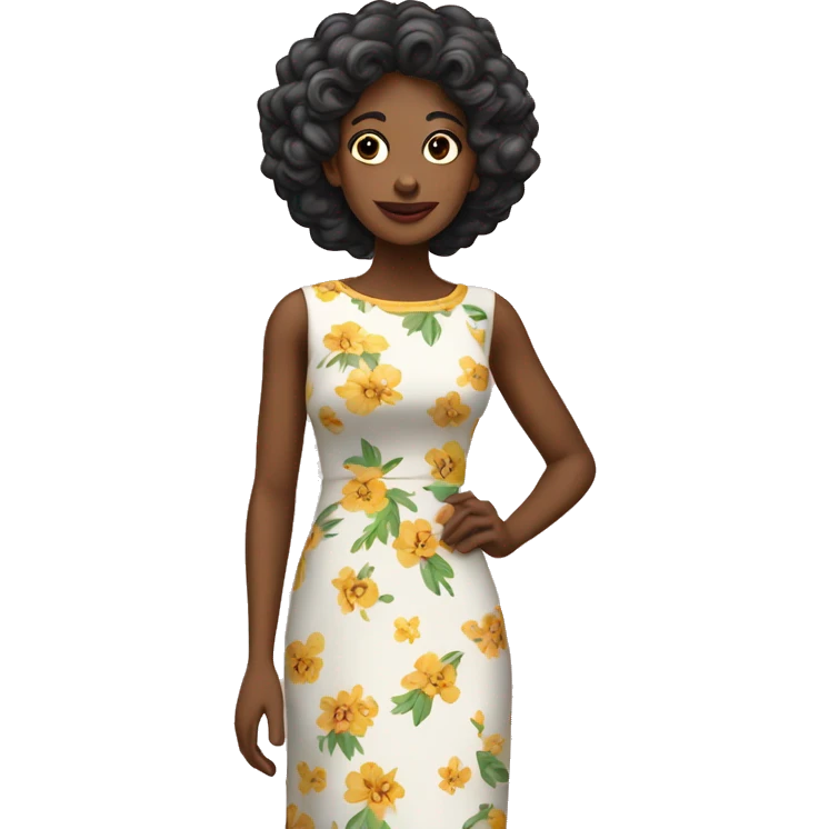 A black girl in her early 50s with a flower long dress and looks like a￼ Jinny emoji