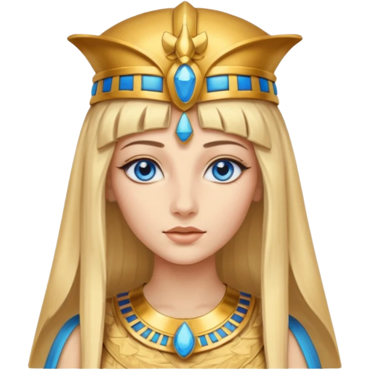 Cleopatra vestita da faraone con il cappello da faraone ma con gli occhi azzurri e i capelli lunghi biondi non troppo chiari con il cappello da faraone dorato senza frangia capelli lunghi  emoji