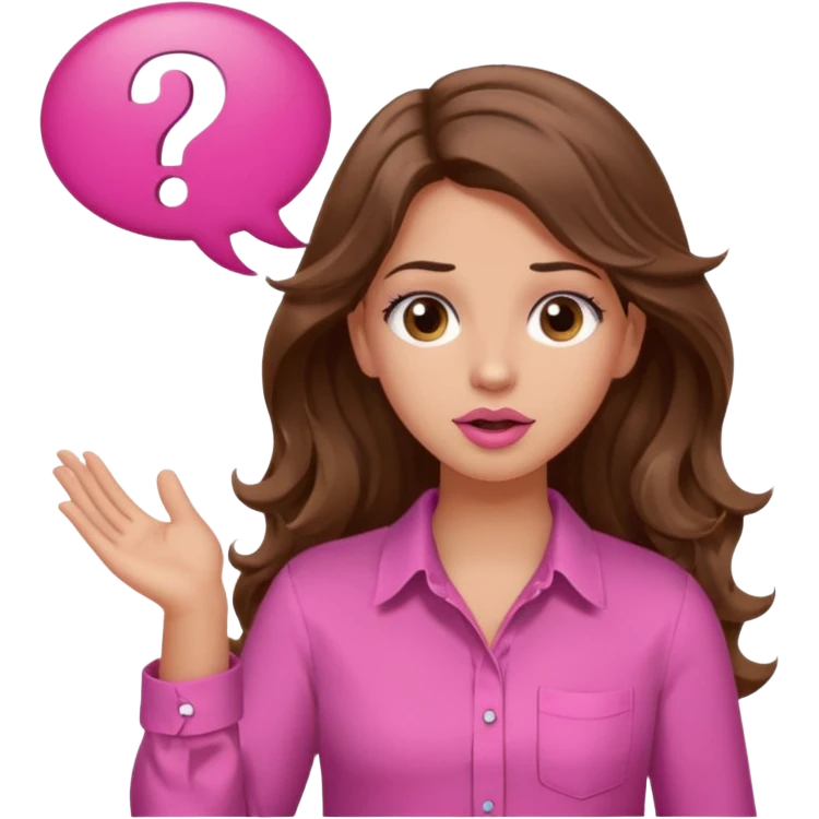girl with long wavy brown hair, brown eyes, light to medium complexion, in a pink shirt, pink lips, long lashes, shugging, question mark one speech bubble emoji