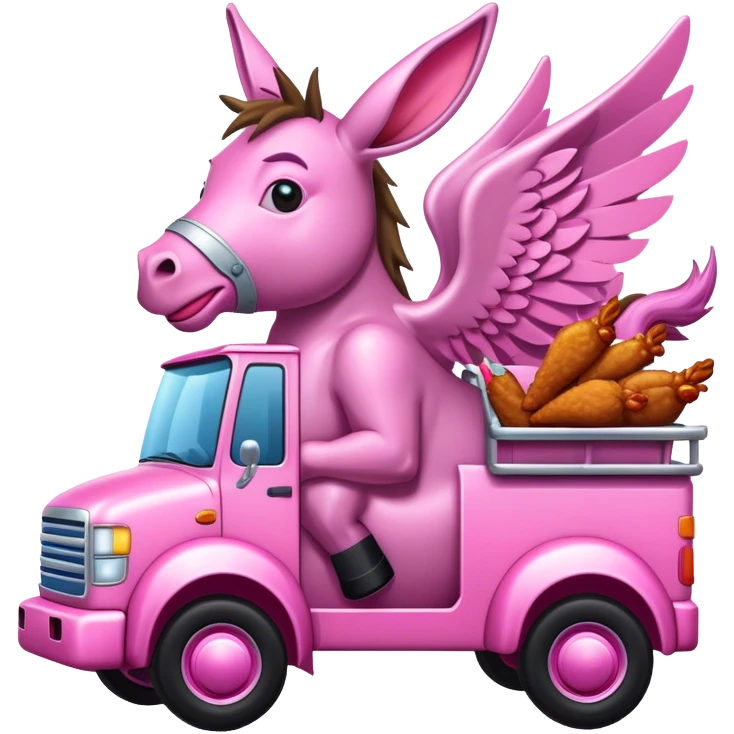 pink donkey driving a 2000s themed cyber truck eating wings emoji