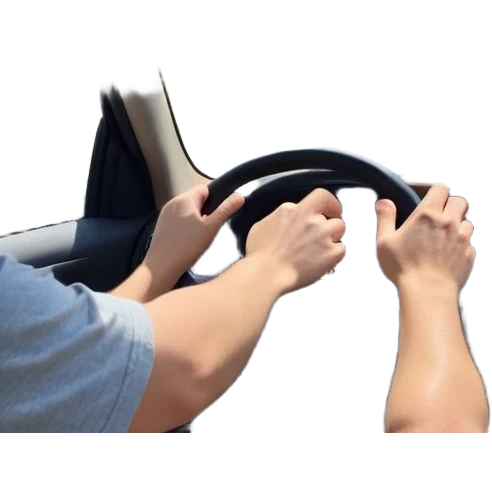A person stands outside of to a car parked on the side of a long, open road. The sky ahead is clear and glowing, full of possibilities. One hand is on the steering wheel, the other points forward. The rearview mirror reflects storm clouds, but the windshield shows sunlit mountains ahead.  emoji