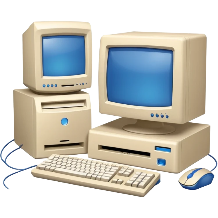 Early 2000s desktop computer, beige plastic casing, CRT monitor with blue screen, tower CPU with CD drive, separate wired keyboard and mouse, simple tech setup emoji