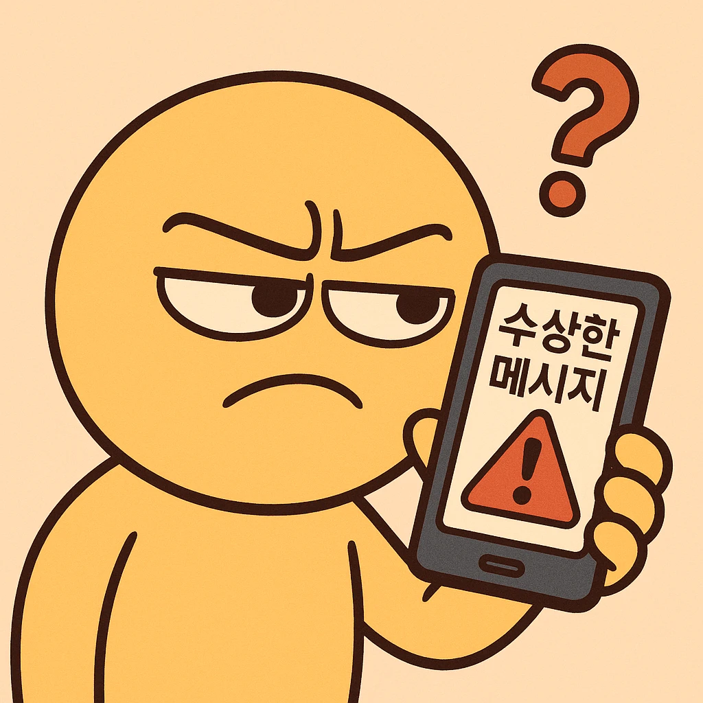 slightly suspicious cartoon emoticon character squinting at a phone showing a message with Korean text '수상한 메시지' or '경고!', a question mark, and a red exclamation mark, flat, simple, bright, pastel background, 360x360px, PNG emoji