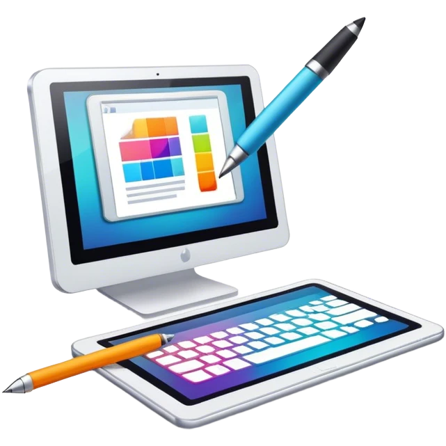 Computer graphics icon, digital design tools like a stylus, tablet, computer image on screen, vibrant colors, minimalistic style, clean lines, transparent background. emoji