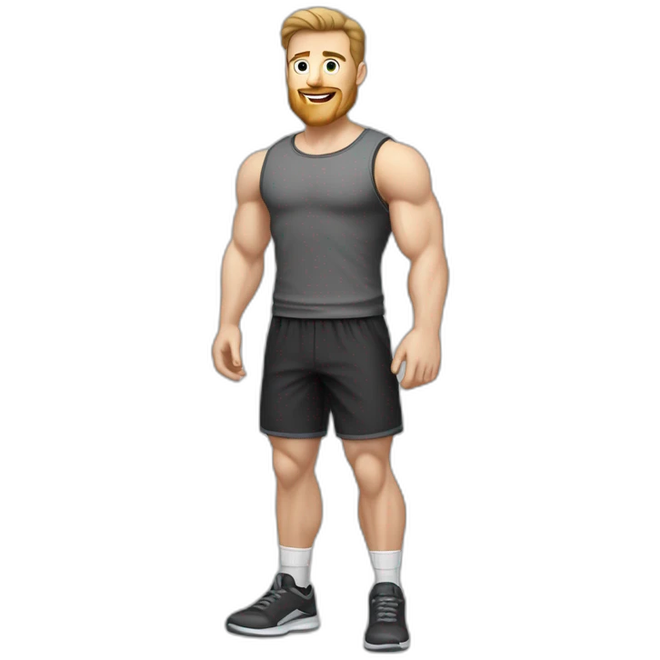 Full height Pale skinned fit man With biceps, Realistic eyes and mouth, light brown hair and stubble In dark gray sleeveless mike, black oversize sports shorts, watch and white sneakers. emoji