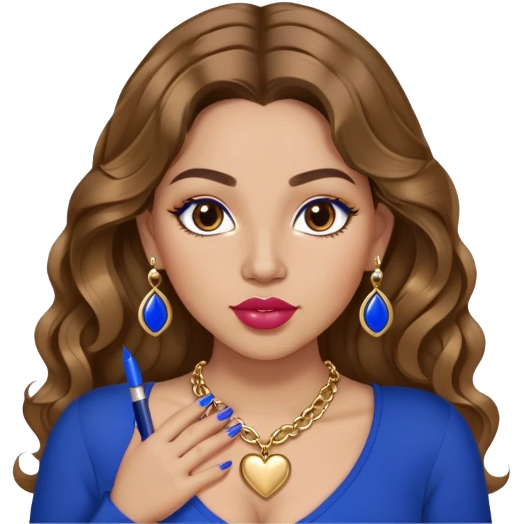 Light skinned girl, long wavy brown hair center-part with face framing pieces, big hazel eyes, gold heart necklace and earrings, royal blue long sleeve top, prominent blush, sassy, big lips, fancy long acrylic nails done, holding lipstick. She is curvy emoji