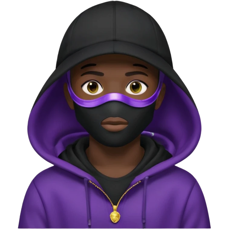 no visible face cartoon blacked character related to a shadow, with all black clothes, focusing a hoodie with his cap on, and a versace face mask covering his entire face, just his purple shadow eyes making a light bloom emoji