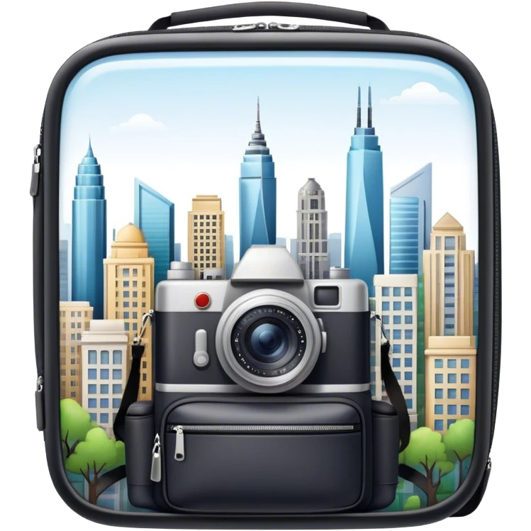 Icon for Urban Tourism: city skyline with iconic buildings, a camera and a backpack. The icon should represent the exploration of urban destinations, with elements like streets, landmarks, and vibrant city life. Transparent background. emoji