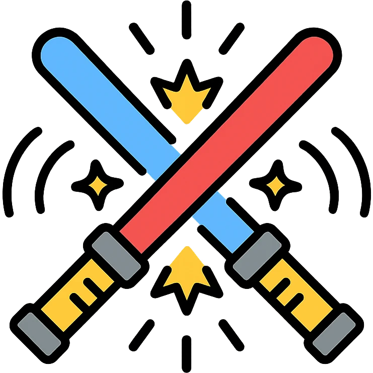 two lightsabers, one blue and one red, clashing with motion lines and sparks emoji
