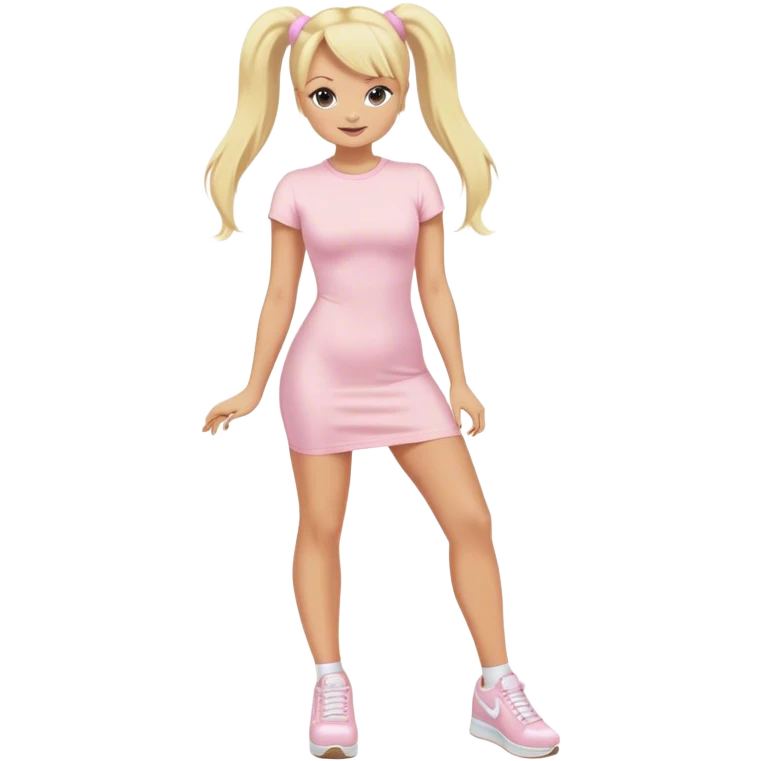 Emma Bunton with long blonde ponytails wearing light pink bodycon dress with white platform sneakers emoji