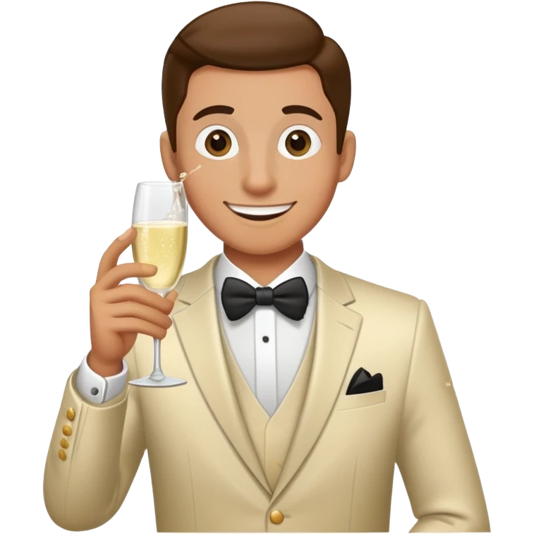 Wedding crasher character in fancy clothes trying to blend in at a wedding reception, holding champagne glass, goofy smile emoji