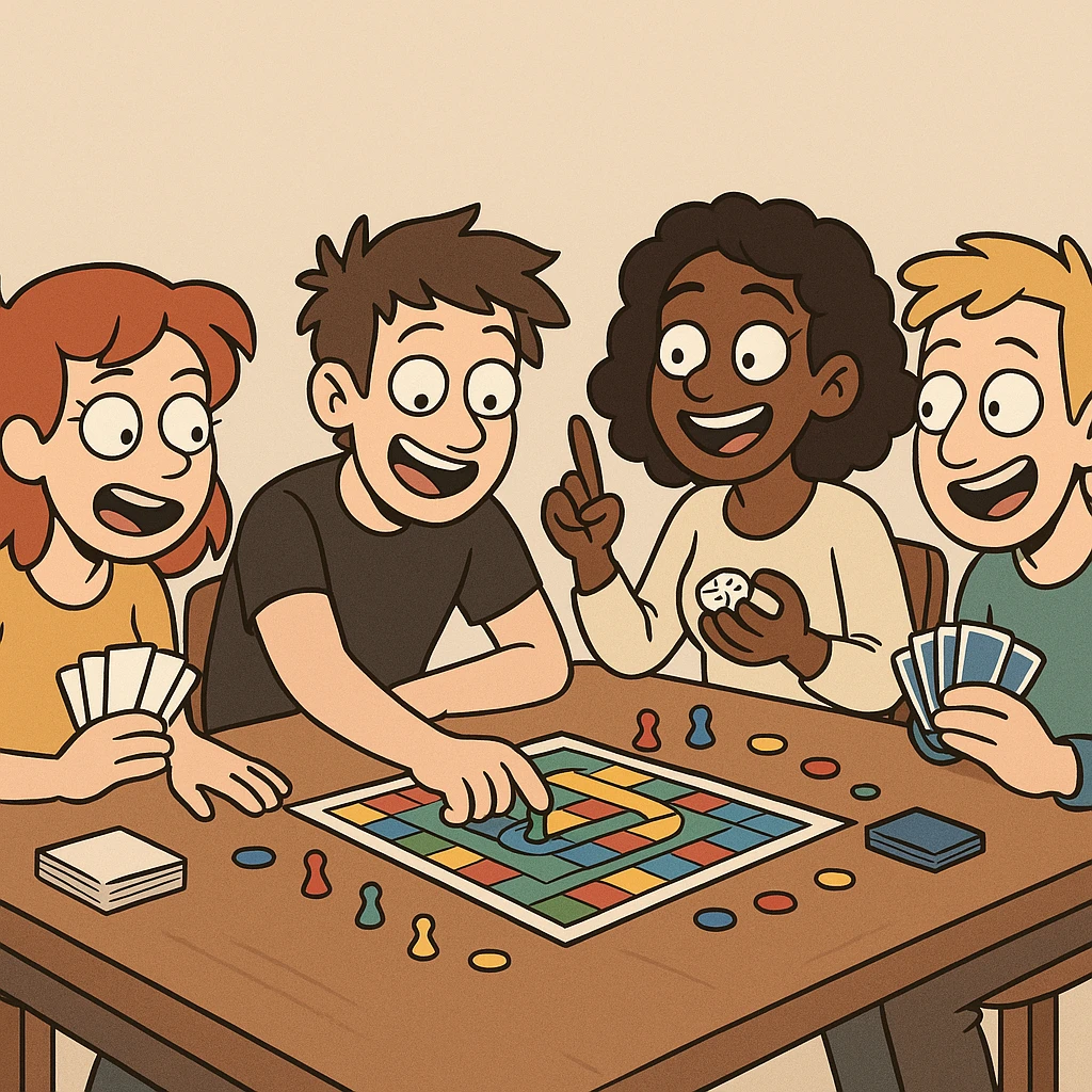 game night scene with friends playing games emoji